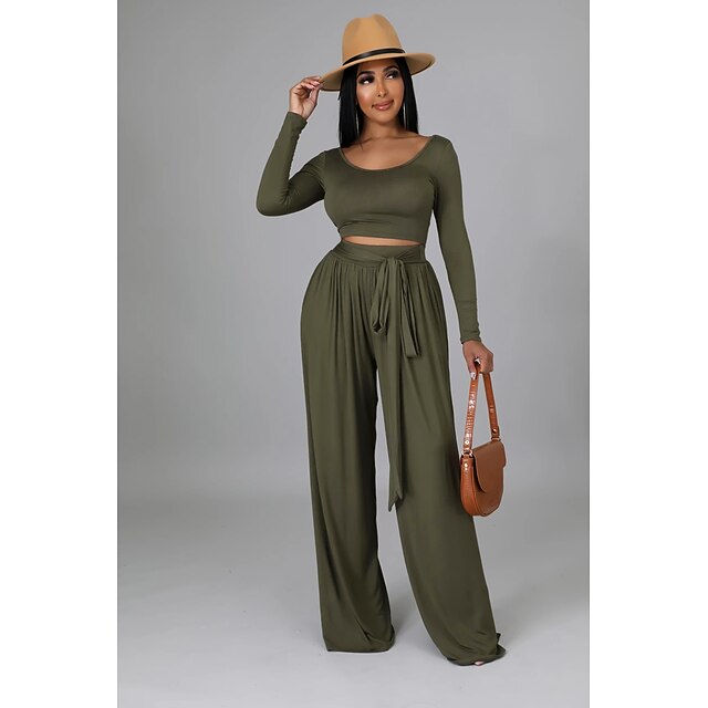 Dames Basic Streetwear Effen Casual Vakantie Tweedelige set U-hals Blouse  Cropped Broeken Sets Pantalon Broek met wijde pijpen Bell bodems Veters  Tops 8928650 2022 – €38.99