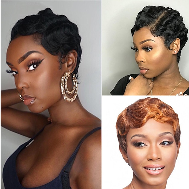 

Brazilian Short Pixie Cut Human Hair Capless Wigs Really Cute Finger Waves Hairstyles for Black Women Full Machine Made Wigs