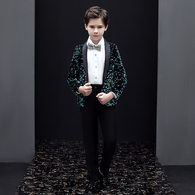 Baby & Kids Boys Clothing | Kids Boys Suit & Blazer Formal Set Clothing Set 5 Pieces Long Sleeve Black Solid Color Sequins Bow S