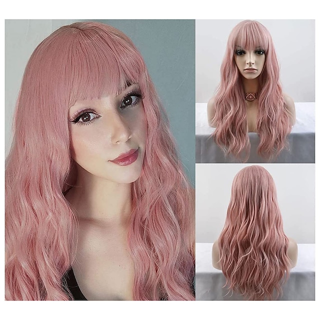 Parrucca capelli lunghi con frangetta rosa