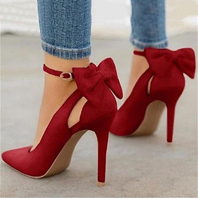 Women's Red Stiletto Heels with Bow Detail and Ankle Strap - Elegant Suede Party Pumps2