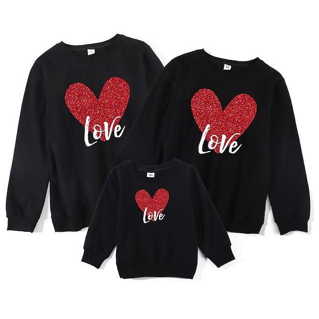 Baby & Kids Matching Outfits | Family Look Valentines Sweatshirt Heart Peace Letter Street Print Black Long Sleeve Active Matchi