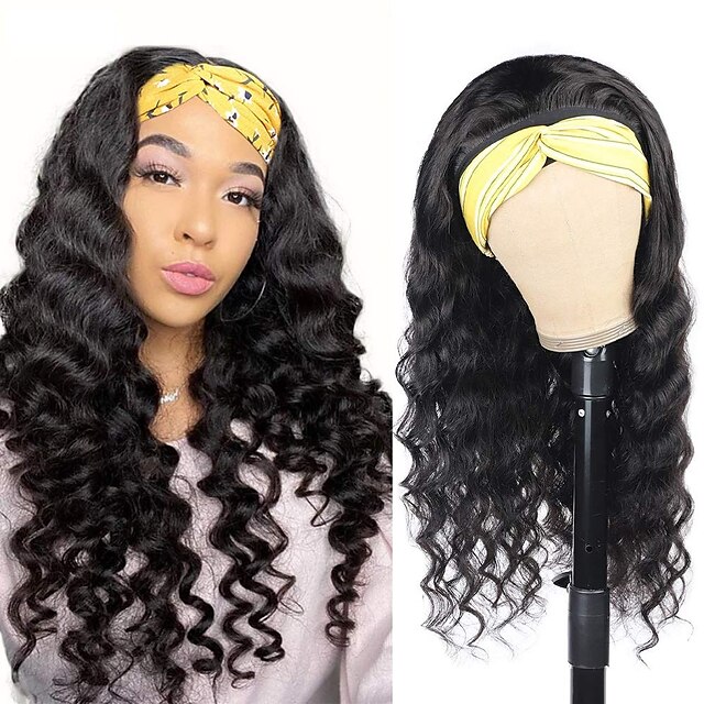 

Headband Wig Deep Wave Human Hair Wigs for Black Women Brazilian Hair Machine Made Loose Deep Curly Headband Wigs Glueless None Lace Front Wigs 150% Density Remy Hair Natural Color