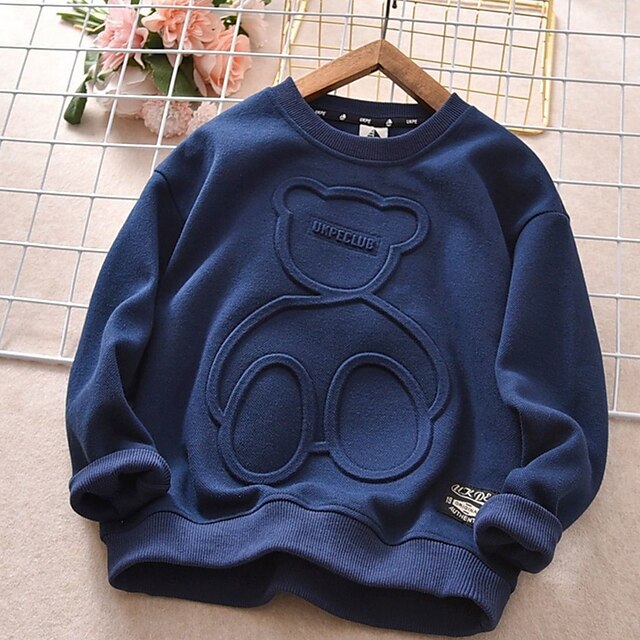 Baby & Kids Boys Clothing | Kids Boys Sweatshirt Long Sleeve Blue Brown Navy Blue Solid Color Bear Indoor Outdoor Active Daily 3