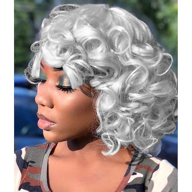  lockiga peruker för svarta kvinnor 14'' kort silvergrå vågigt bob hår peruk med lugg naturliga värmebeständiga syntetiska peruker