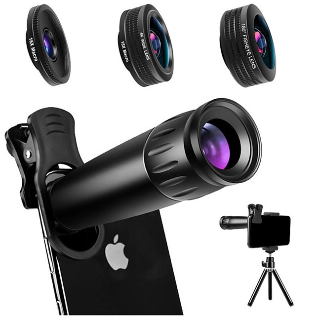  Phone Camera Lens Fish-Eye Lens Long Focal Lens Wide-Angle Lens 10X and above 120 ° Lens with Stand for Samsung Galaxy iPhone