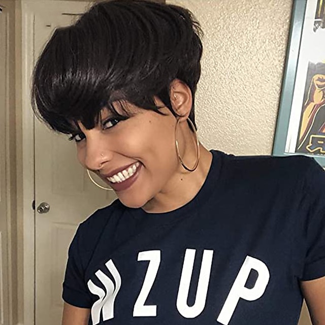 

Short Human Hair Capless Wigs Pixie Cut Straight Brazilian Hair for Black Women Machine Made Highlight Color Cheap Glueless Wig