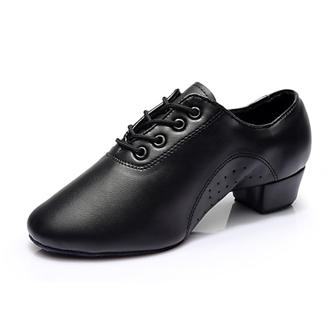  Homens Sapatos de Dança Latina Dança de Salão Sapatos Salsa Line Dance Interior Ensaio / Prática Iniciante Com Laço Salto Meia Solas Cadarço Salto Robusto Correia de Calcanhar Preto