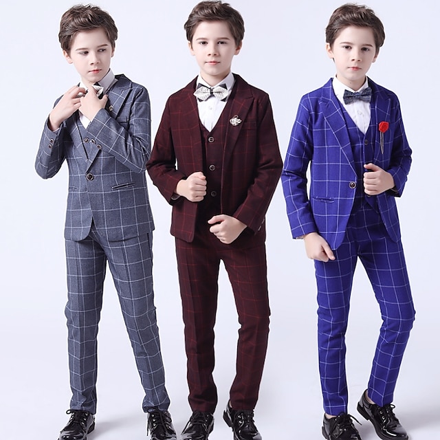  3-teiliges Kinder-Jungen-Blazer-Westen-Hose-Party-Set formelles Langarm-Blau-Grau-Rot-Karo-Bogen-Baumwoll-Kleidungsset sanfter normaler Anzug