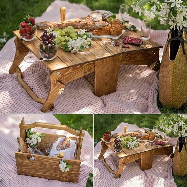 Wooden Outdoor Folding Picnic Basket Table,Portable Wooden Outdoor Picnic Wine Table Folding Beach Table Snack Cheese Tray, For Picnic Outdoor On The Beach Park Or Indoor 6