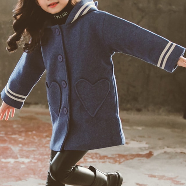 Baby & Kids Girls Clothing | Kids Girls Coat Long Sleeve Blue Khaki Cat Heart Fall Winter Active Daily 3-12 Years / Cotton - JU9