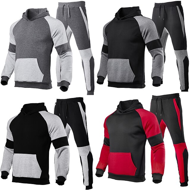 Sports & Outdoors Running, Jogging & Walking | Mens Sweatsuit 2 Piece Drawstring Patchwork Front Pocket Hoodie Color Block Sport