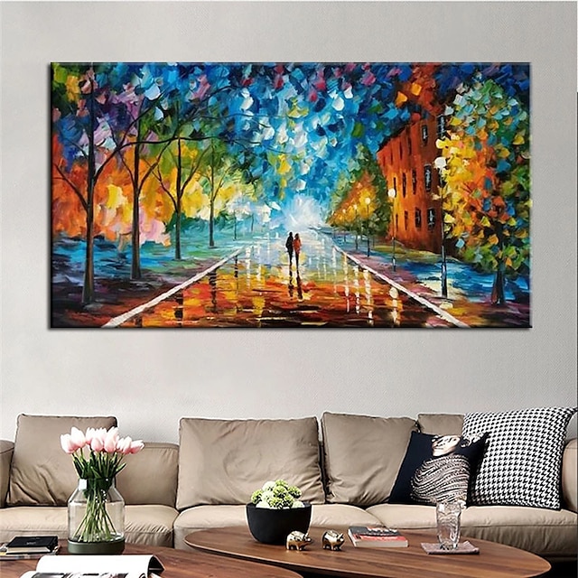 Home & Garden Wall Art | Oil Painting Handmade Hand Painted Wall Art Abstract Rain Street Tree Lamp Knife Landscape Home Decorat