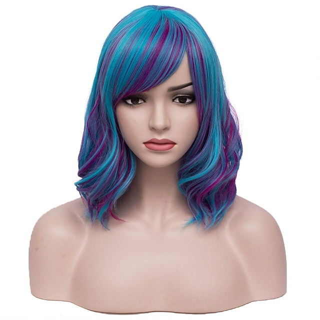 Beauty & Hair Wigs & Hair Pieces | Blue Wigs for Women Womens Short Wave Wavy Wig Curly Wig with Tassel Bangs Halloween Cosplay 