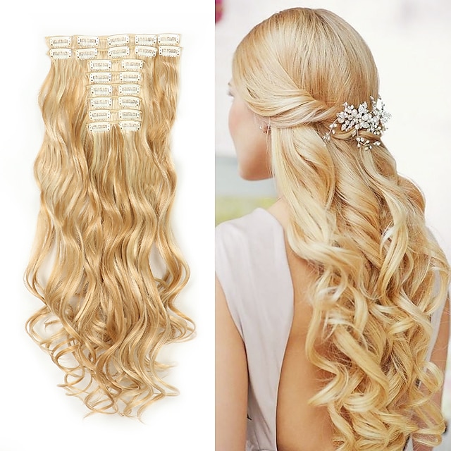  12pcs/set Long Wavy Hair Extensions Synthetic Clip In Hair Extensions Ombre Honey Blonde Dark Brown Thick Hairpieces