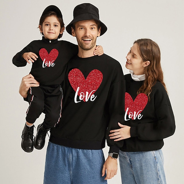 Baby & Kids Matching Outfits | Family Look Valentines Sweatshirt Heart Peace Letter Street Print Black Long Sleeve Active Matchi