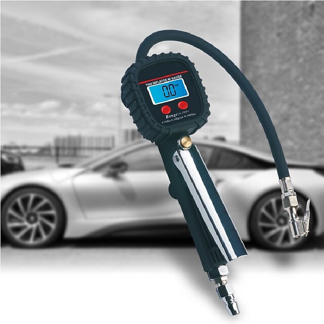  1 Set Digital Tire Preassure Gauge Inflator 200 PSI Tire Inflator Air Chuck Compressor Accessories LCD Display with 360 Degree Rubber Hose for Car Bike Rv Truck Automobile and Motorcycle