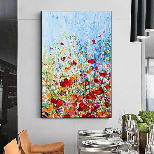 Home & Garden Wall Art | Handmade Oil Painting Canvas Wall Art Decoration Abstract Plant Floral Painting Red Flowers for Home De