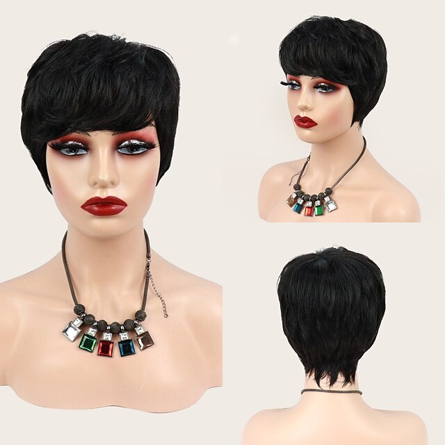 

Remy Human Hair Wig Matte With Bangs Black Exquisite Capless Peruvian Hair for Women Machine Made Wigs For Party Evening Daily Wear