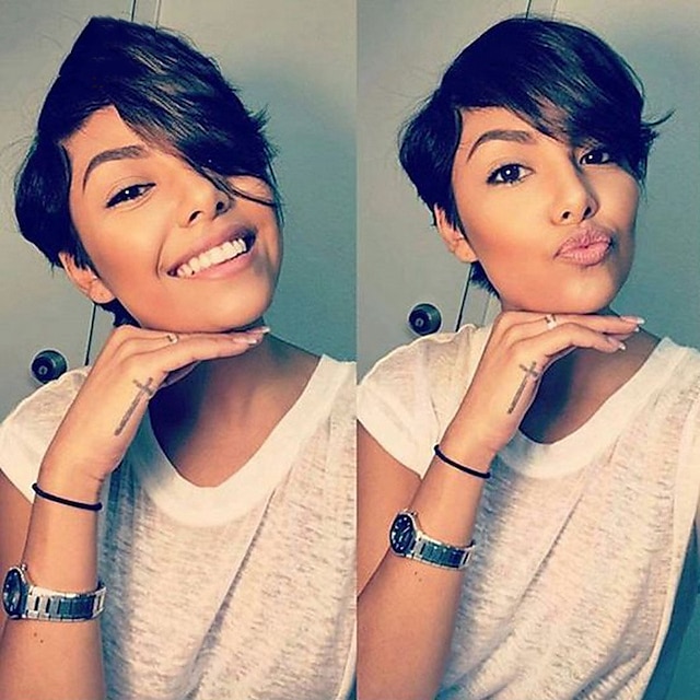 

Pixie Cut Wig with Bang Straight Brazilian Remy Hair 150% Density Machine Made Human Hair Wigs No Lace Capless Human Hair Wig Bob Wig For Women