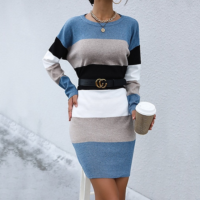  Damen Etuikleid Minikleid Blau Langarm Gestreift Farbblock gestrickt Herbst Winter Rundhalsausschnitt Stilvoll Büro Alltag 2022 S M L