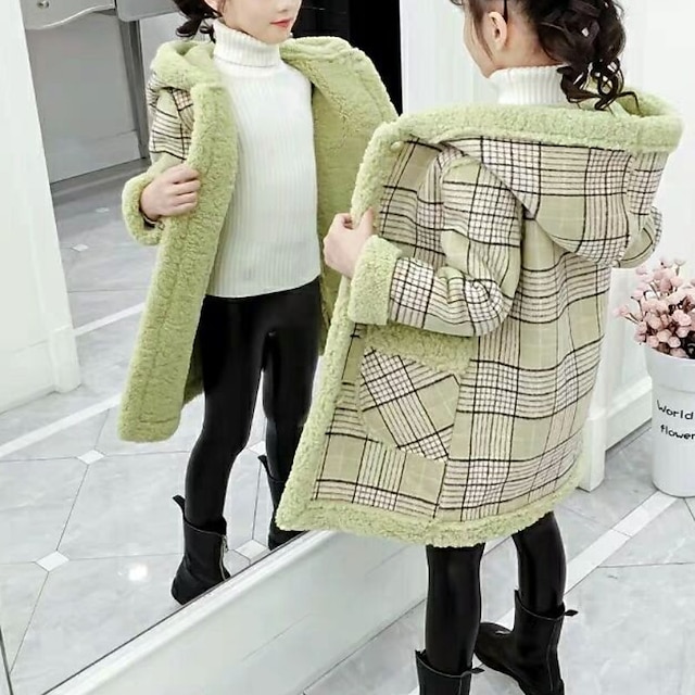 Baby & Kids Girls Clothing | Kids Girls New Year Coat Parka Long Sleeve Pink Light Green Plaid Fur Collar Fall Winter Active Chr