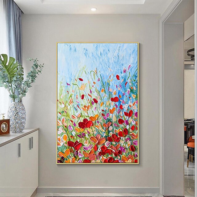 Home & Garden Wall Art | Handmade Oil Painting Canvas Wall Art Decoration Abstract Plant Floral Painting Red Flowers for Home De