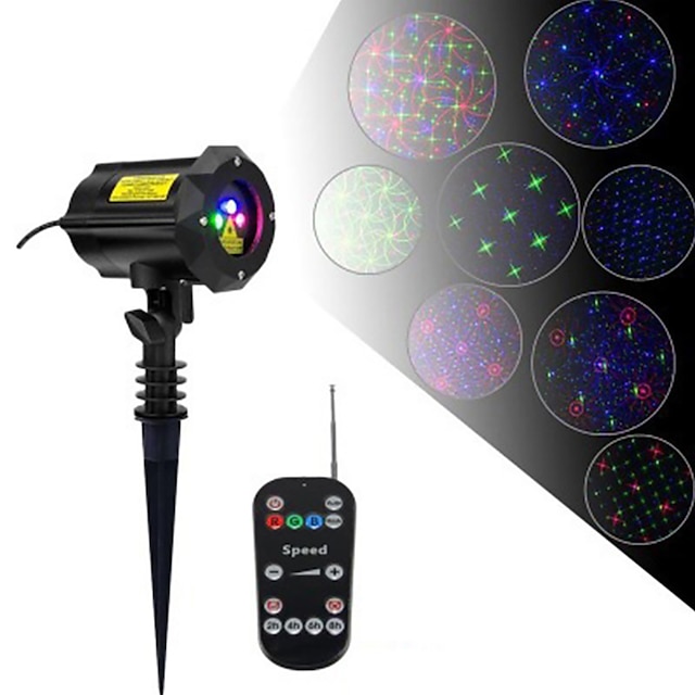  Outdoor Waterproof Laser Projector Light 8 Patterns in 1 RGB Outdoor Waterproof Garden Laser Lights with RF Remote Control and Timer Perfect for Lawn Party Garden, Christmas lights Decoration