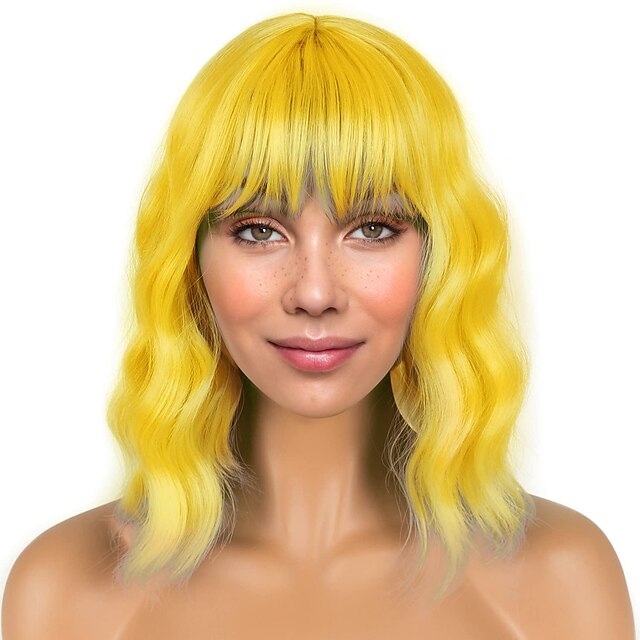 Beauty & Hair Wigs & Hair Pieces | Short Bob Wigs with Bangs for Women Loose Wavy Hair Shoulder Length Bob Yellow Wigs Synthetic