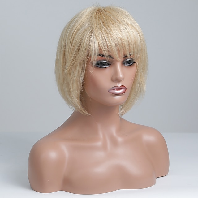 Human Hair Blend Wig Medium Length Straight Bob Layered Haircut Short ...