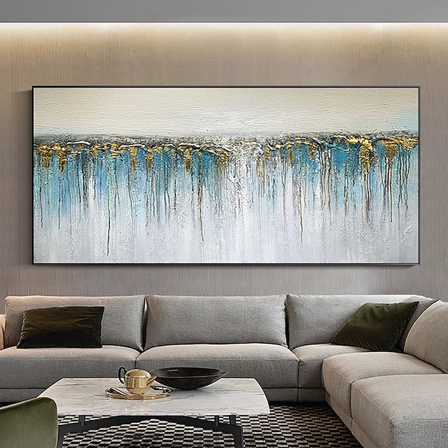 handgemaakte olieverf canvas wall art decoratie abstracte kunst blauw goud folie voor home decor uitgerekt frame opknoping schilderij