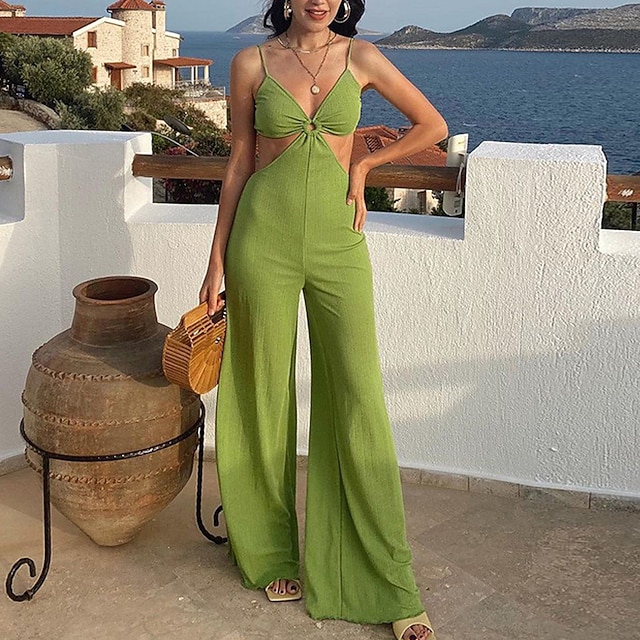 

Women's Jumpsuit Backless Cut Out Solid Color Strap Holiday Going out Club Wide Leg Regular Fit Sleeveless Green S M L Spring