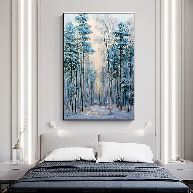 Home & Garden Wall Art | Oil Painting Handmade Hand Painted Wall Art Abstract Blue Snow Forest Landscape Home Decoration Decor R