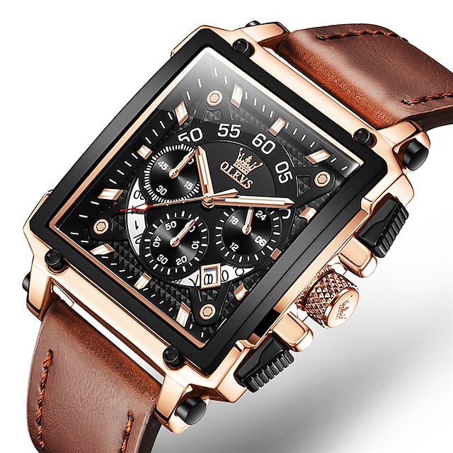 OLEVS Men Quartz Watch Calendar Chronograph Large Dial Waterproof Genuine Leather Watch