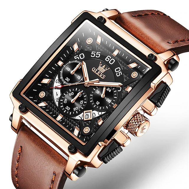 OLEVS Men Quartz Watch Calendar Chronograph Large Dial Waterproof Genuine Leather Watch 15
