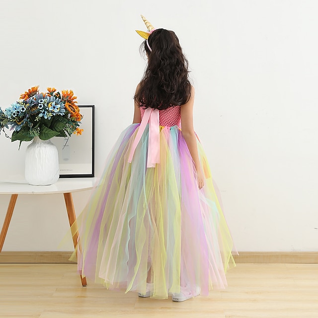  Платья без рукавов для девочек с радужным единорогом и 3D-принтом, милое платье макси принцессы, детское платье для вечеринок для малышей, сетка для особых случаев