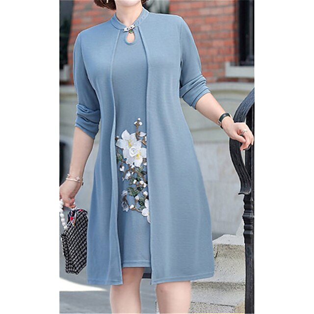 Womens Clothing Plus Size Collection | Womens Plus Size A Line Dress Floral V Neck Long Sleeve Spring Summer Casual Vintage Knee