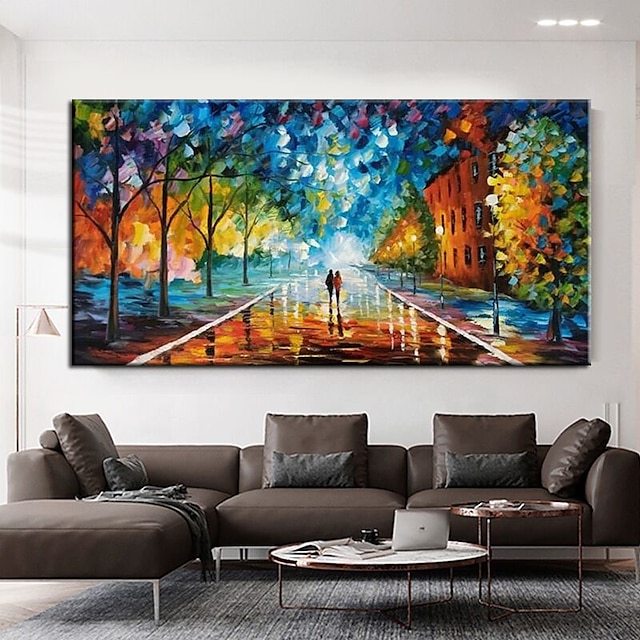 Home & Garden Wall Art | Oil Painting Handmade Hand Painted Wall Art Abstract Rain Street Tree Lamp Knife Landscape Home Decorat