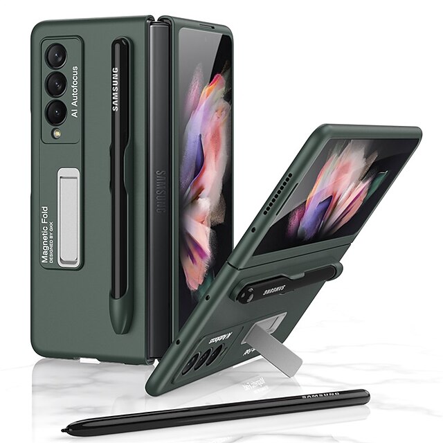  телефон Кейс для Назначение SSamsung Galaxy Z Fold 3 Кейс на заднюю панель Защитная пленка для объектива камеры Откидная подножка с держателем для ручки Однотонный ПК