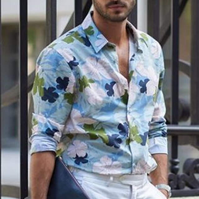 

Men's Shirt 3D Print Floral Turndown Street Casual Button-Down Print Long Sleeve Tops Casual Fashion Breathable Blue White / Spring / Summer