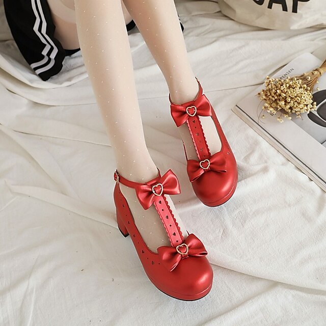 Womens Girls Sweet Round Toe Bowknot Ankle Strap Lolita Casual Block High Heels 