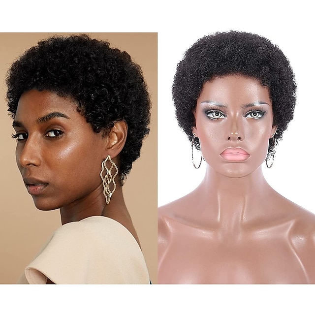  100% cabelo humano curto preto afro crespo encaracolado perucas para mulheres 130% cor natural cabelo completo feito à máquina cabelo humano perucas sem tampa nenhuma perucas de renda 4 polegadas