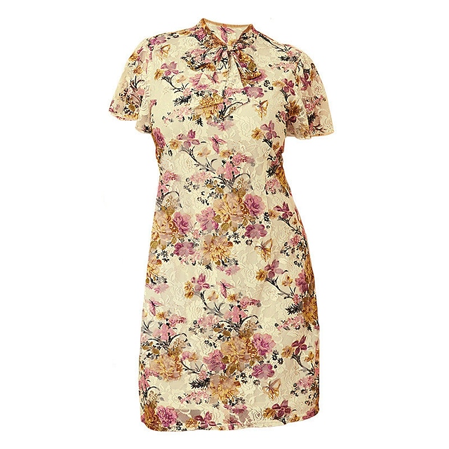 Womens Clothing Plus Size Collection | Womens Plus Size Sheath Dress Floral Round Neck Print Short Sleeve Summer Casual Sexy Mum