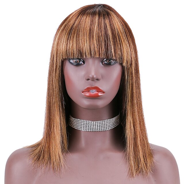 

Straight Human Hair Wigs with Bangs Short Bob None Lace Human Hair Wig Full Machine Wigs 150% Density 8-14 Inch Brazilian Human Hair Capless Wigs for Black Women #TF4/27