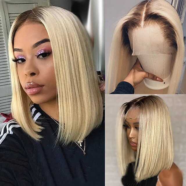 

150% 180% 13x4 Lace Ombre Blonde 1B613 Bob Human Hair Wig Pre Plucked Dark Roots Blonde Lace Front Wigs for Women Free Part Natural Hairline