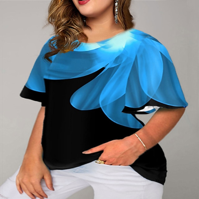 여성용 플러스 크기 탑스 T 셔츠 플로럴 그래픽 반 소매 라운드 넥 베이직 일상 스판덱스 봄 여름 / 플러스 사이즈 / 플러스 사이즈