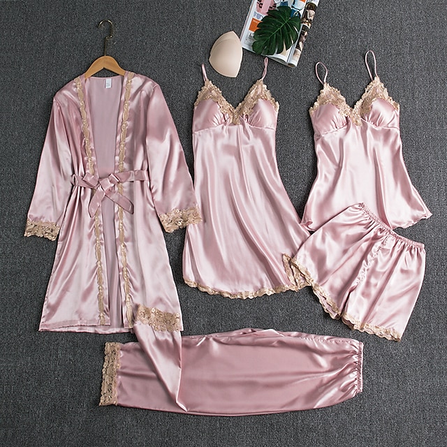 Women's Pajamas Robes Gown Nightgown Nighty 5 Pieces Pure Color Retro ...