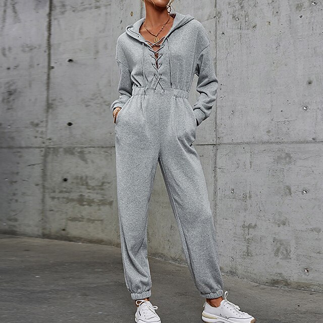 

Women's Jumpsuit Drawstring Solid Color Hooded Active Street Sport Regular Fit Long Sleeve Light gray S M L Spring