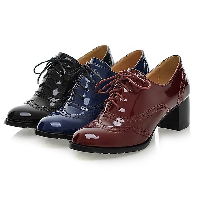  Mujer Escarpines Oxfords Bullock Zapatos Zapatos De Vestir Diario Color sólido Verano Talón de bloque Dedo redondo Clásico Británico Cuero Patentado Cordones Negro Borgoña Azul