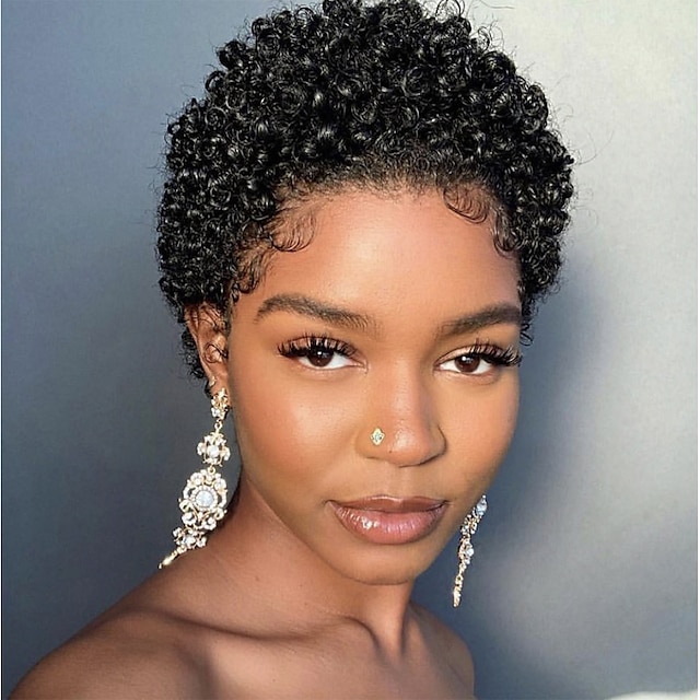  Human Hair Wig Short Afro Curly Pixie Cut Natural Black Party Women Easy dressing Capless Brazilian Hair Women's Black Party / Evening Daily Daily Wear
